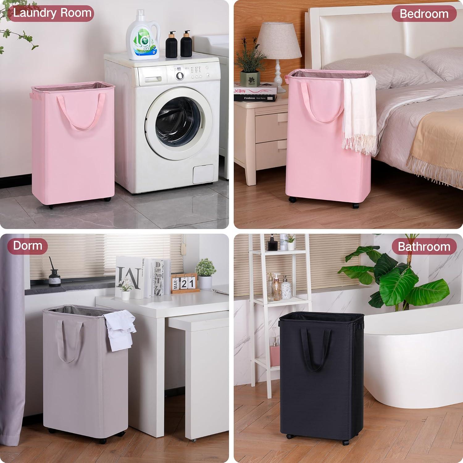 imageefluky Slim Laundry Hamper with Wheels Rolling Laundry Basket for Clothes Small Laundry Basket for Bedroom Dorm and Laundry Room 60L 127 Gallons BeigePink