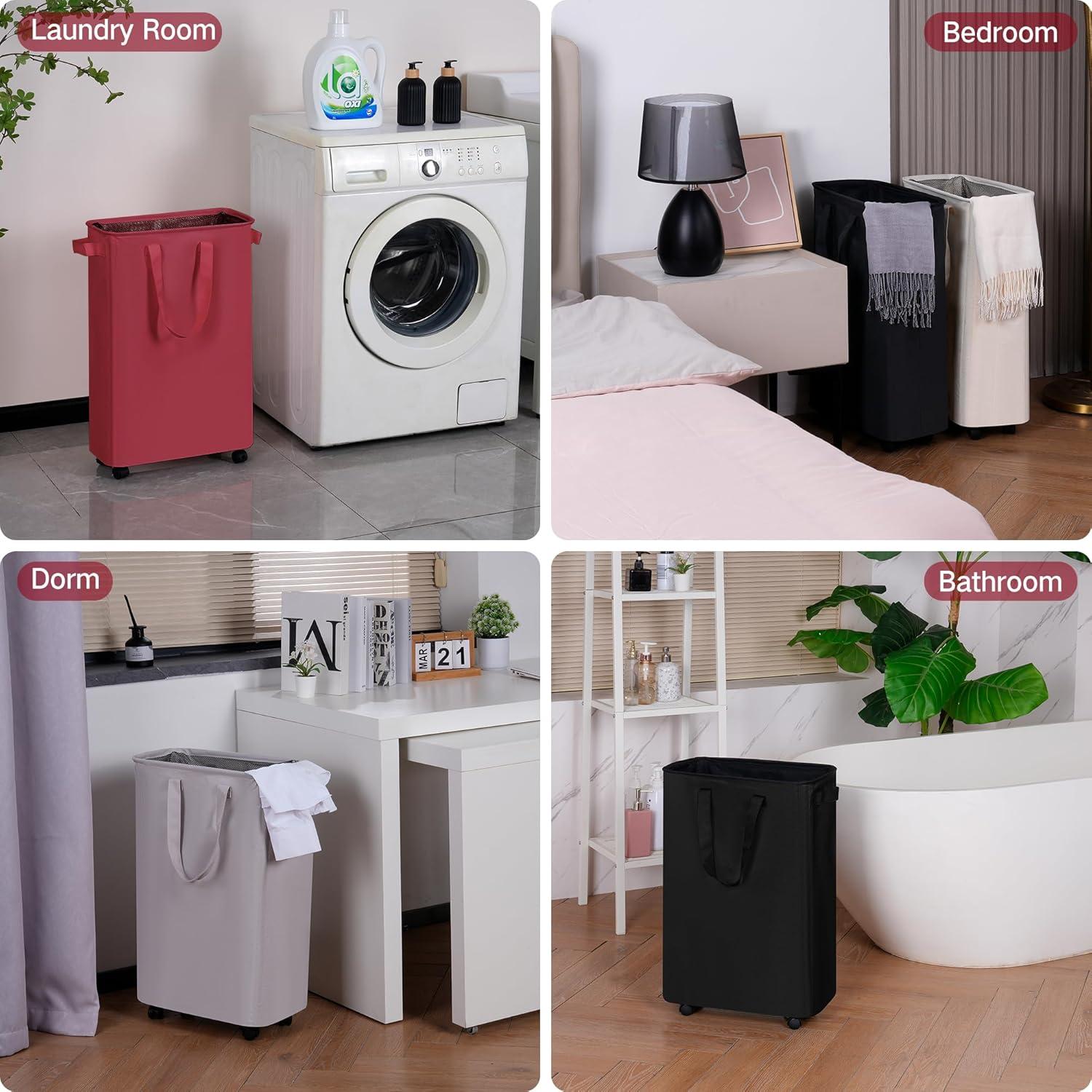 imageefluky Slim Laundry Hamper with Wheels Rolling Laundry Basket for Clothes Small Laundry Basket for Bedroom Dorm and Laundry Room 60L 127 Gallons BeigeRed