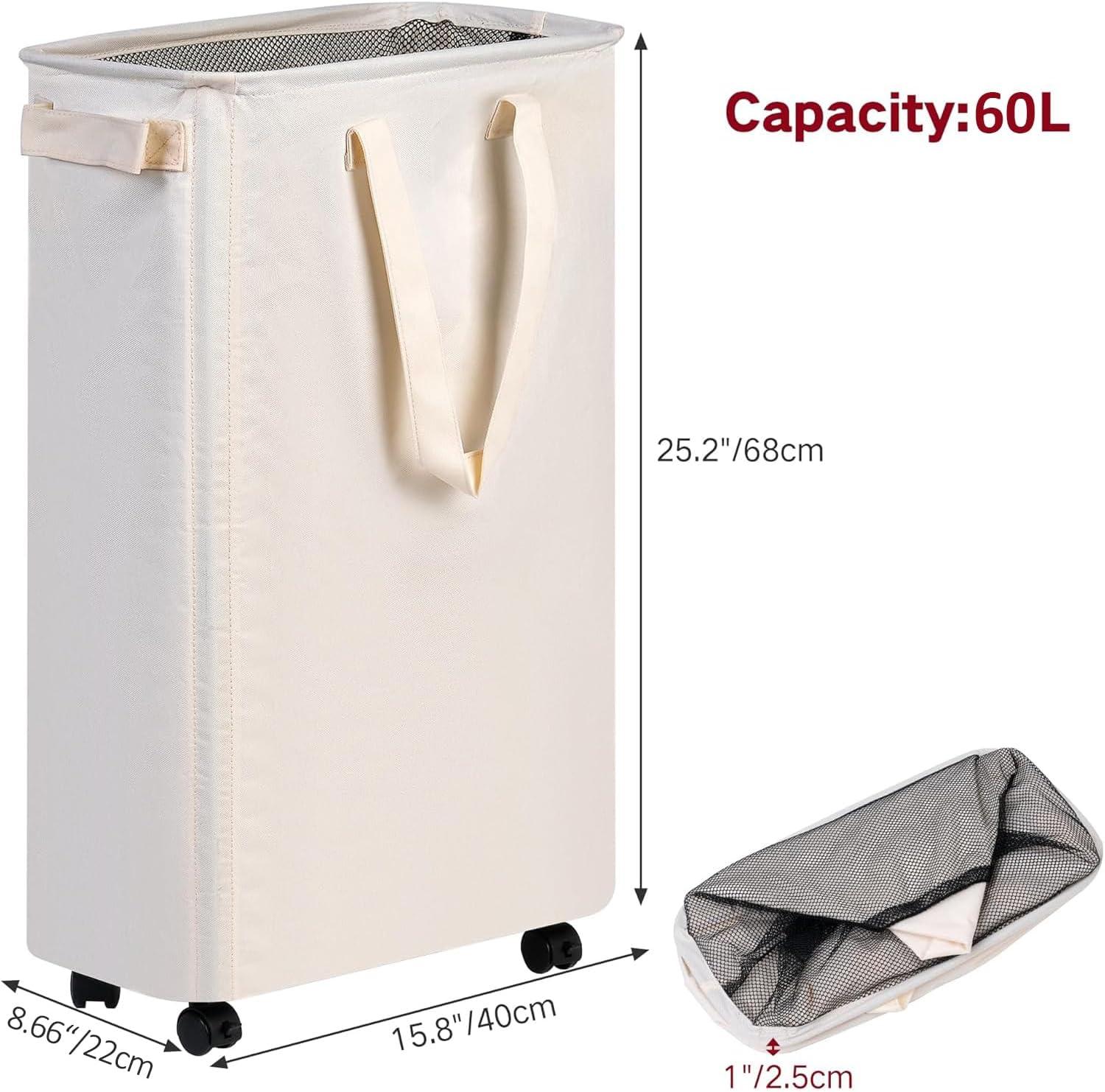 imageefluky Slim Laundry Hamper with Wheels Rolling Laundry Basket for Clothes Small Laundry Basket for Bedroom Dorm and Laundry Room 60L 127 Gallons BeigeBeige