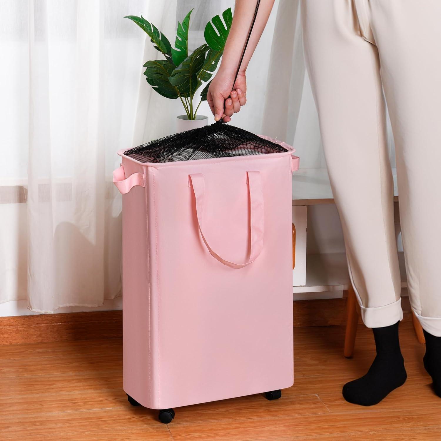 imageefluky Slim Laundry Hamper with Wheels Rolling Laundry Basket for Clothes Small Laundry Basket for Bedroom Dorm and Laundry Room 60L 127 Gallons BeigeBlack