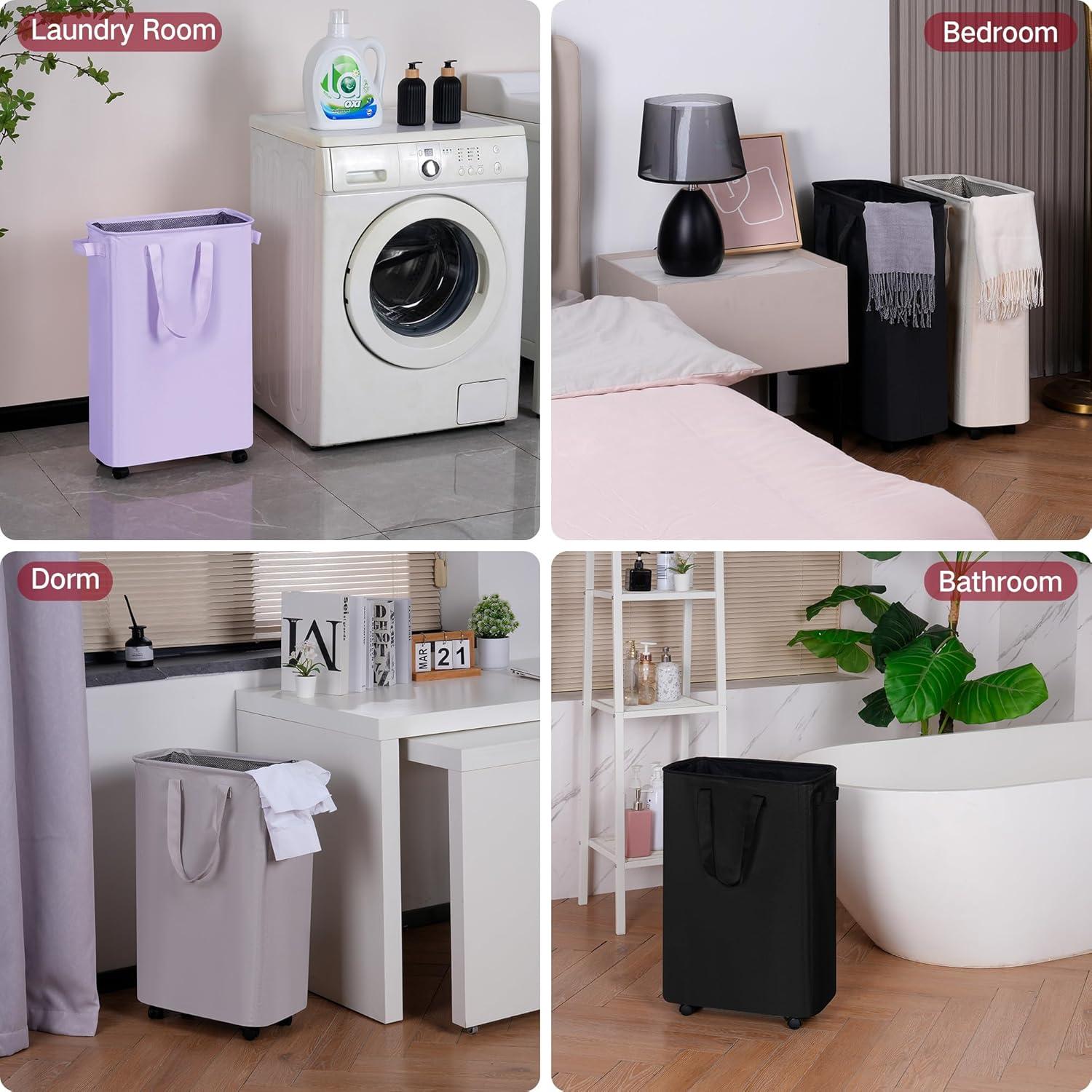imageefluky Slim Laundry Hamper with Wheels Rolling Laundry Basket for Clothes Small Laundry Basket for Bedroom Dorm and Laundry Room 60L 127 Gallons BeigePurple
