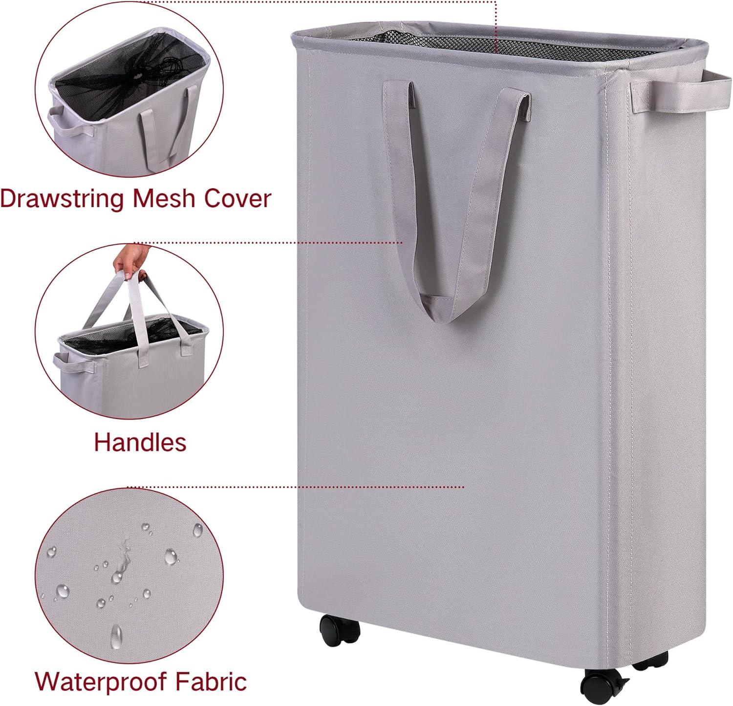 imageefluky Slim Laundry Hamper with Wheels Rolling Laundry Basket for Clothes Small Laundry Basket for Bedroom Dorm and Laundry Room 60L 127 Gallons BeigeGrey