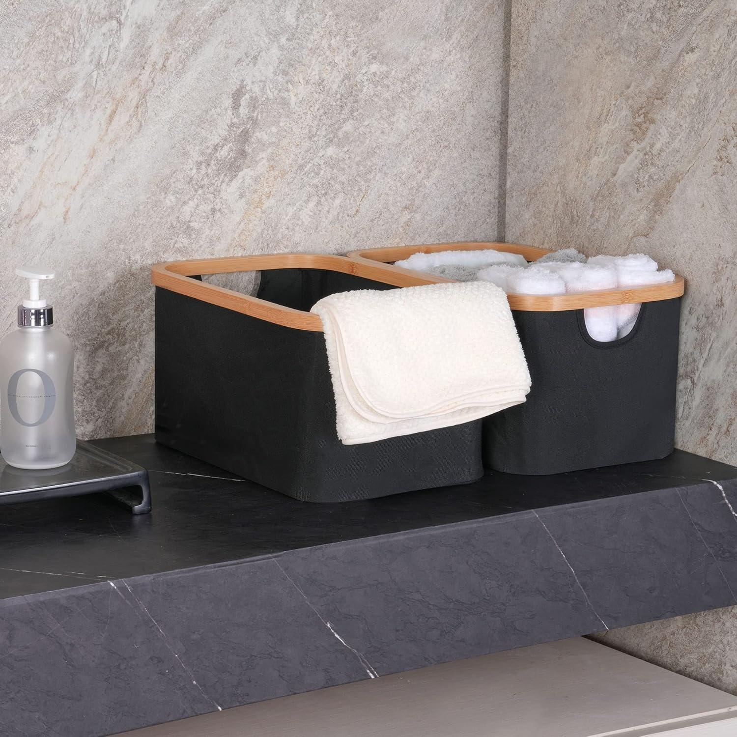imageefluky Storage Baskets for Organizing Fabric Storage Bins with Bamboo Handles Collapsible Storage Baskets for Shelves and Closet Grey Set of 2Black