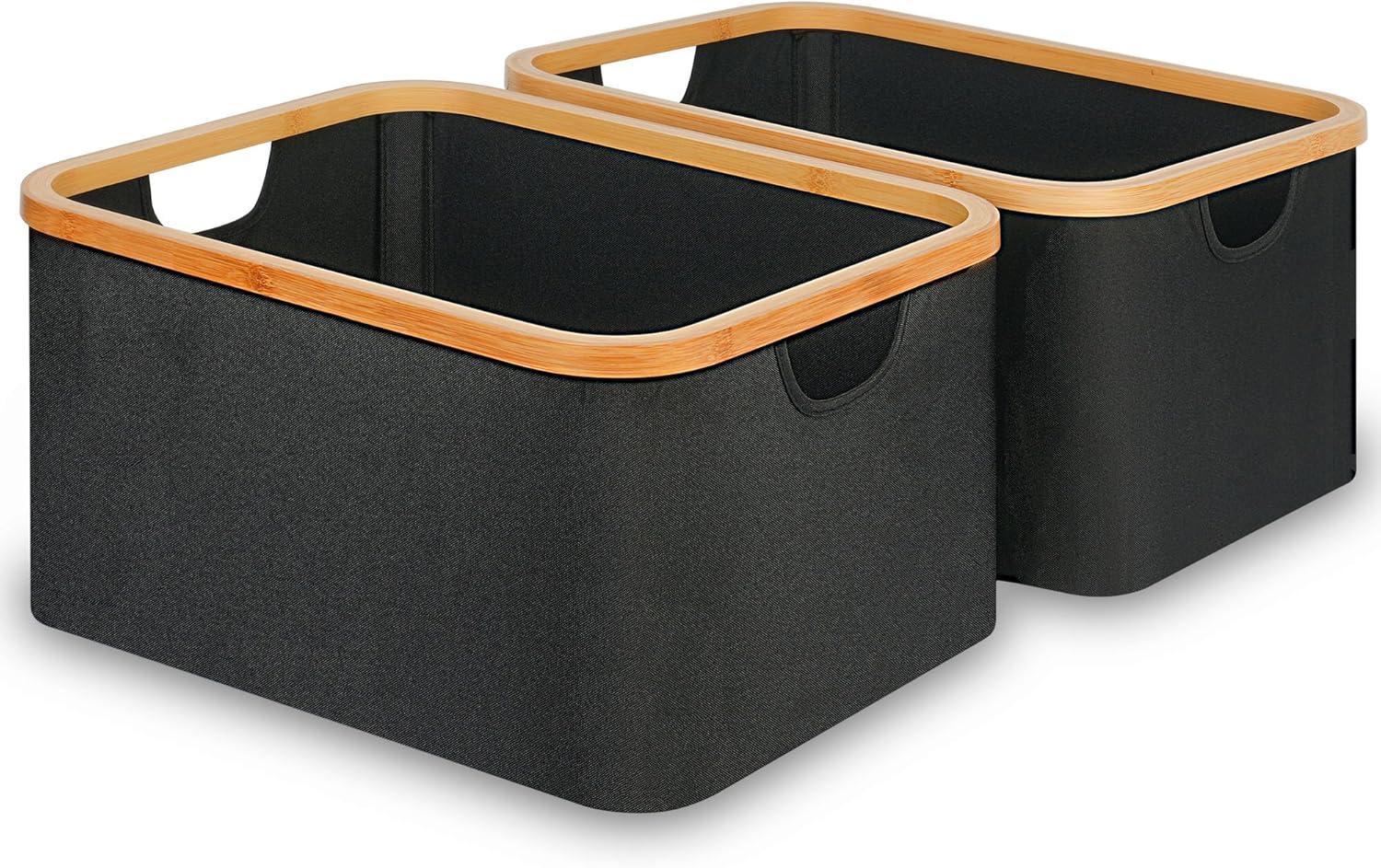 imageefluky Storage Baskets for Organizing Fabric Storage Bins with Bamboo Handles Collapsible Storage Baskets for Shelves and Closet Grey Set of 2Black