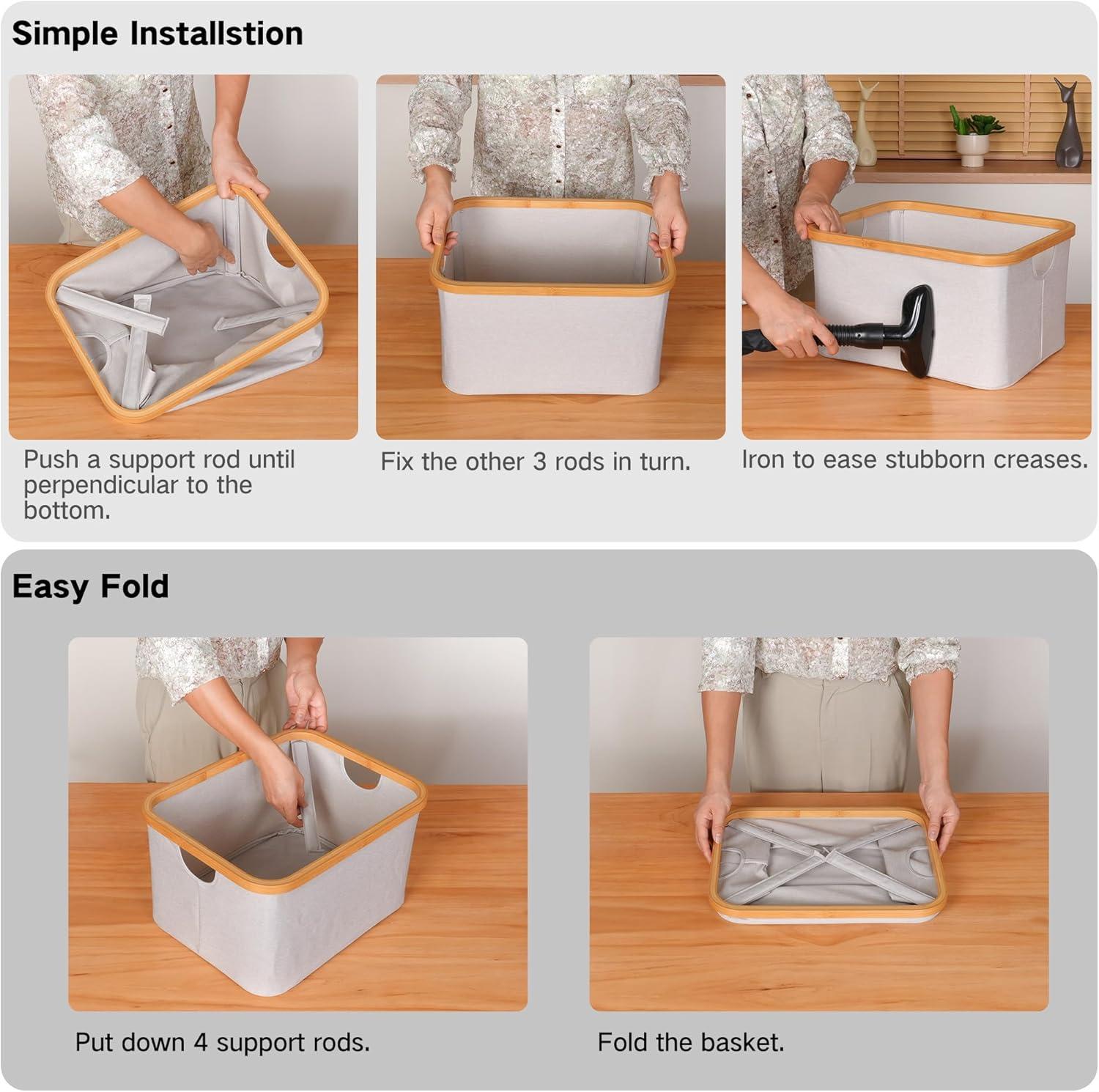 imageefluky Storage Baskets for Organizing Fabric Storage Bins with Bamboo Handles Collapsible Storage Baskets for Shelves and Closet Grey Set of 2Black