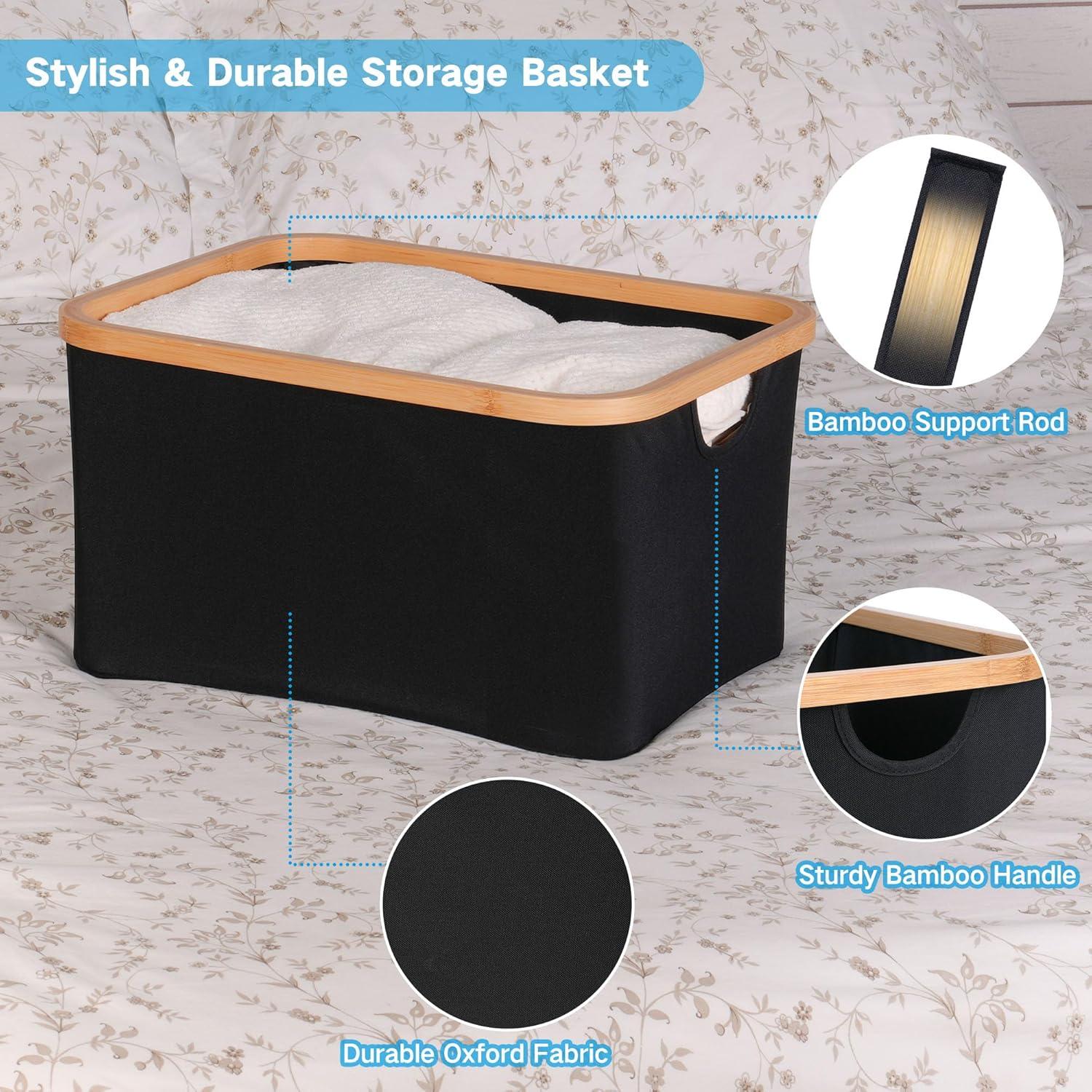 imageefluky Storage Baskets for Organizing Fabric Storage Bins with Bamboo Handles Collapsible Storage Baskets for Shelves and Closet Grey Set of 2Black