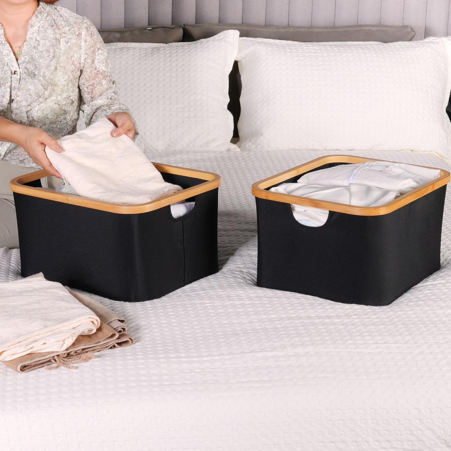 imageefluky Storage Baskets for Organizing Fabric Storage Bins with Bamboo Handles Collapsible Storage Baskets for Shelves and Closet Grey Set of 2Black