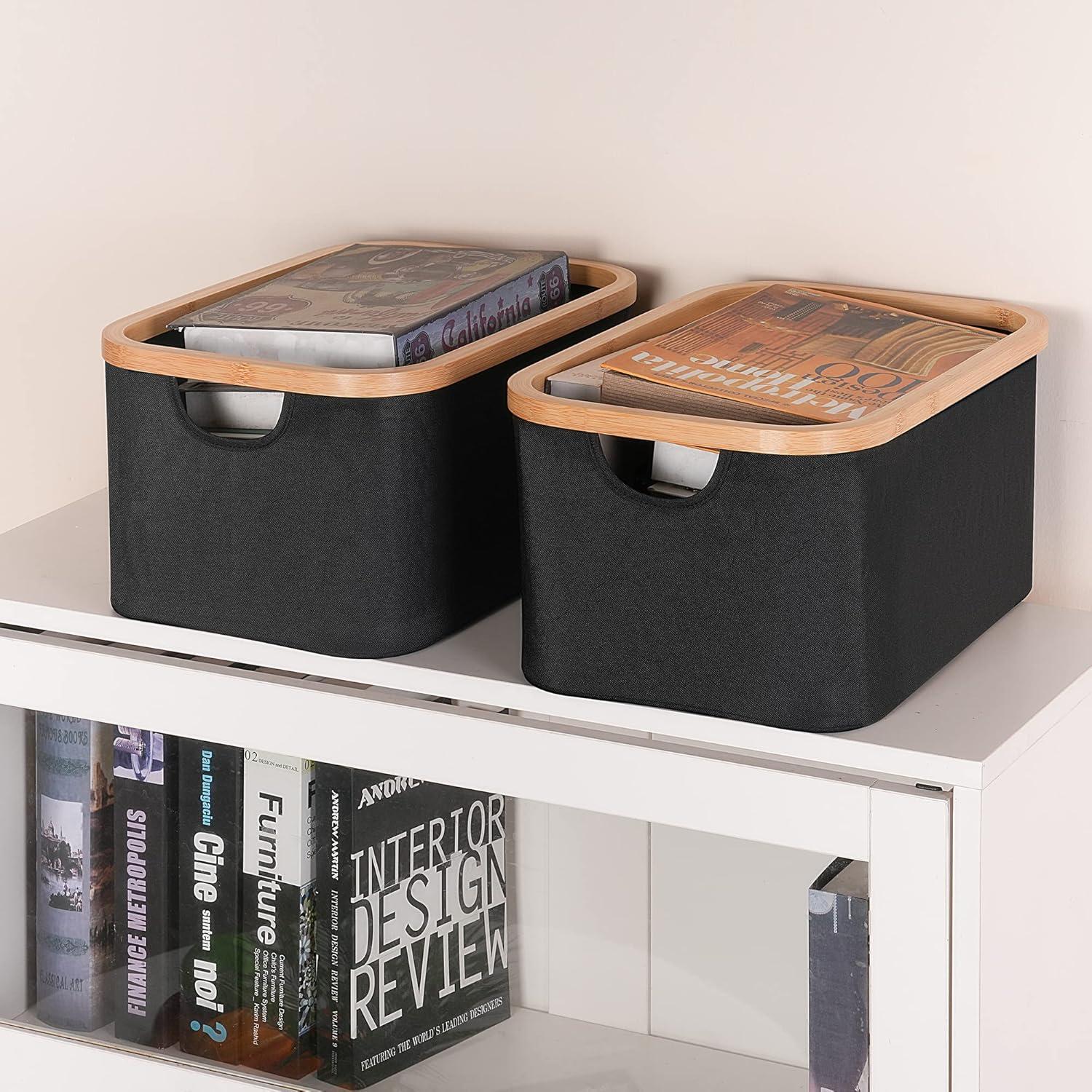 imageefluky Storage Baskets for Organizing Fabric Storage Bins with Bamboo Handles Collapsible Storage Baskets for Shelves and Closet Grey Set of 2Black