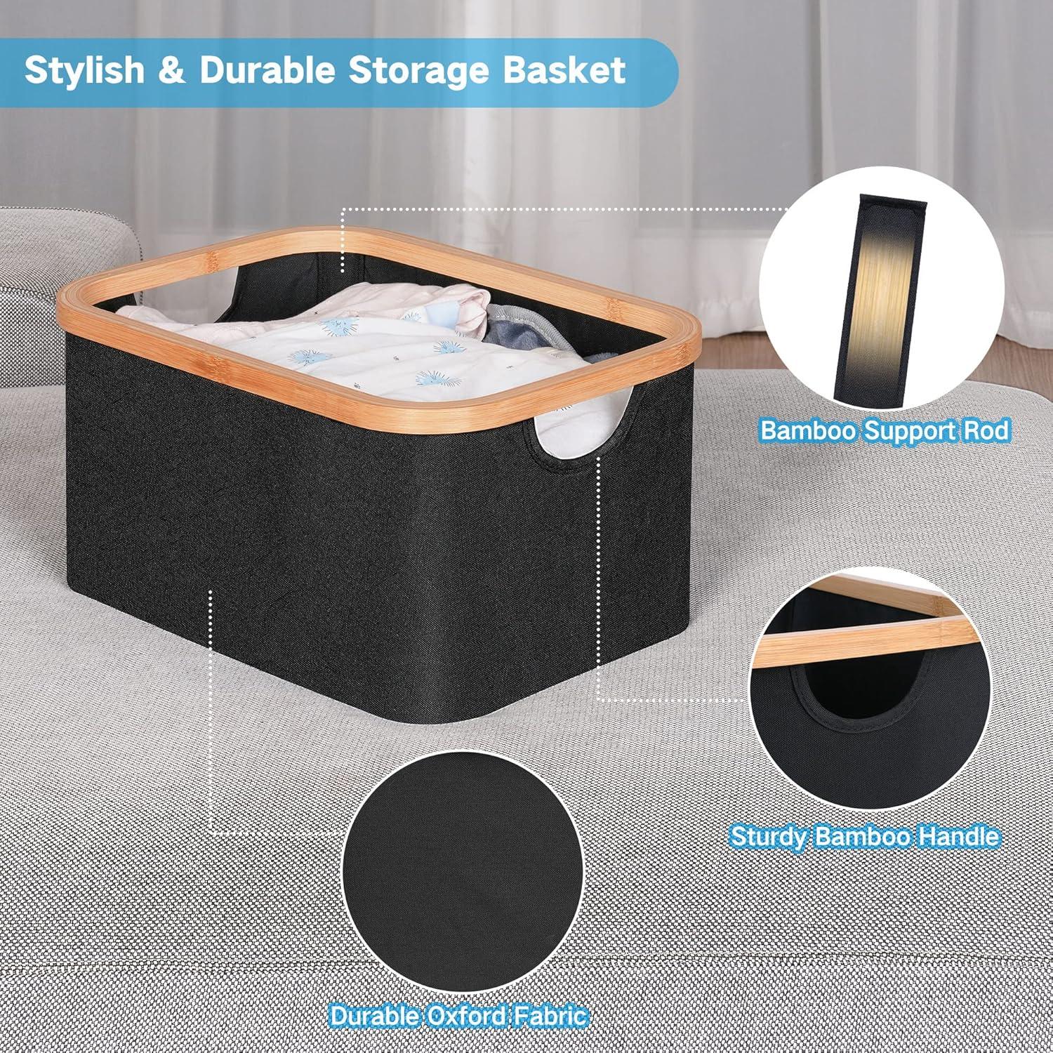 imageefluky Storage Baskets for Organizing Fabric Storage Bins with Bamboo Handles Collapsible Storage Baskets for Shelves and Closet Grey Set of 2Black