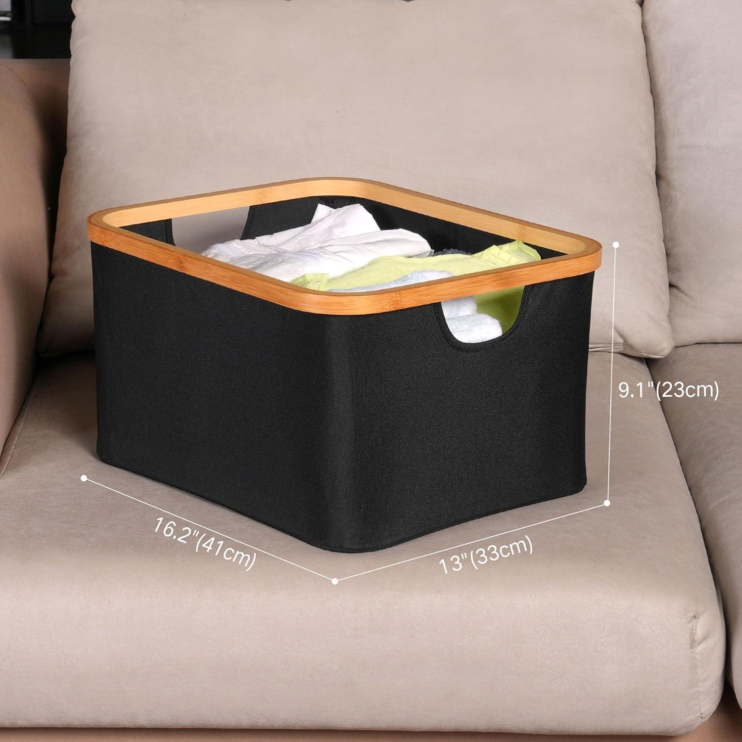 imageefluky Storage Baskets for Organizing Fabric Storage Bins with Bamboo Handles Collapsible Storage Baskets for Shelves and Closet Grey Set of 2Black