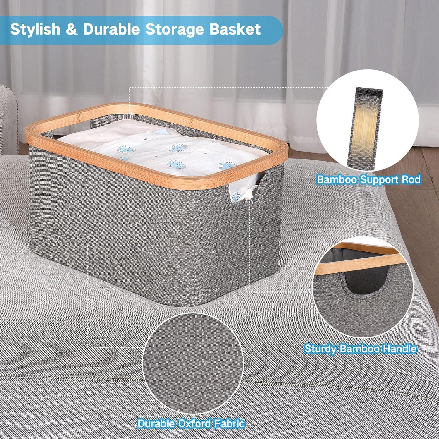 imageefluky Storage Baskets for Organizing Fabric Storage Bins with Bamboo Handles Collapsible Storage Baskets for Shelves and Closet Grey Set of 2Gray