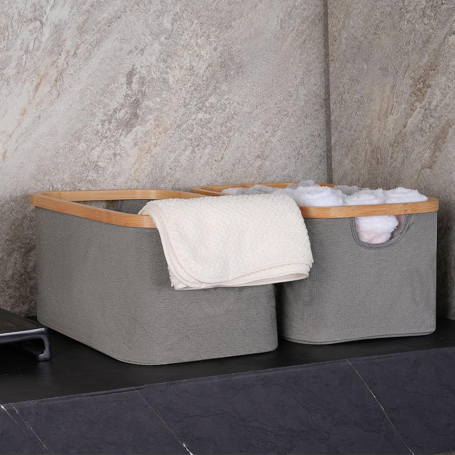 imageefluky Storage Baskets for Organizing Fabric Storage Bins with Bamboo Handles Collapsible Storage Baskets for Shelves and Closet Grey Set of 2Gray