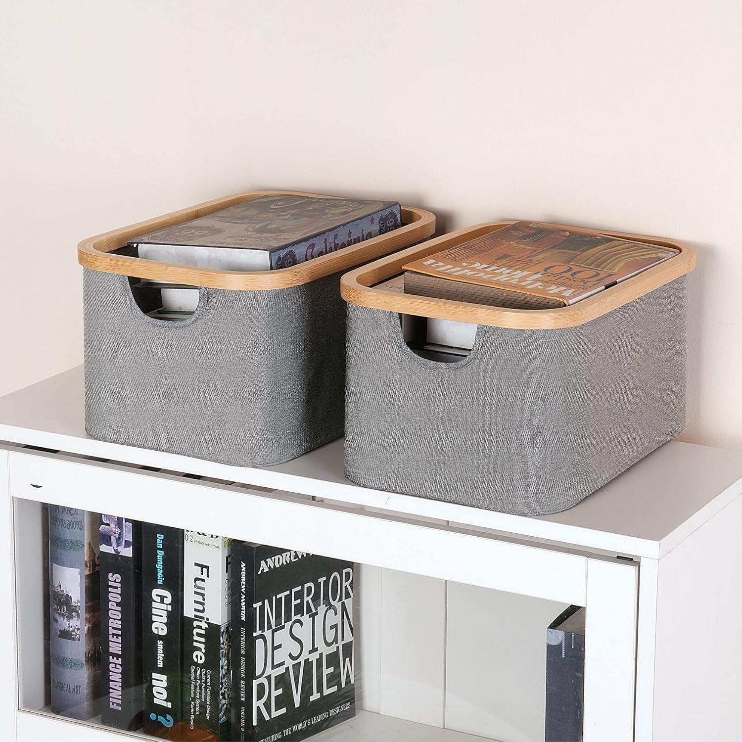 imageefluky Storage Baskets for Organizing Fabric Storage Bins with Bamboo Handles Collapsible Storage Baskets for Shelves and Closet Grey Set of 2Gray