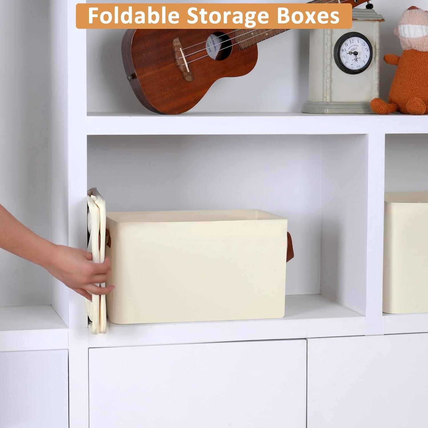 imageefluky Storage Baskets for Organizing Fabric Storage Bins with Metal Frame Collapsible Storage Baskets for Shelves and Closet Large Beige Set of 2