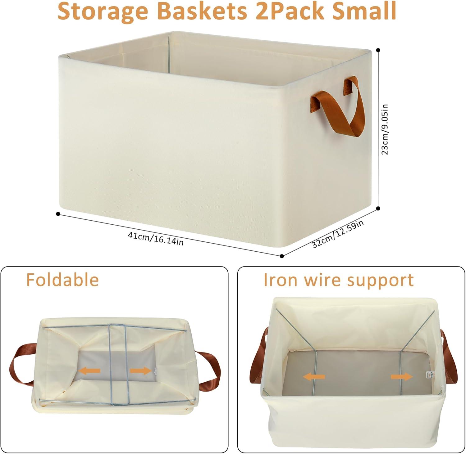 imageefluky Storage Baskets for Organizing Fabric Storage Bins with Metal Frame Collapsible Storage Baskets for Shelves and Closet Large Beige Set of 2