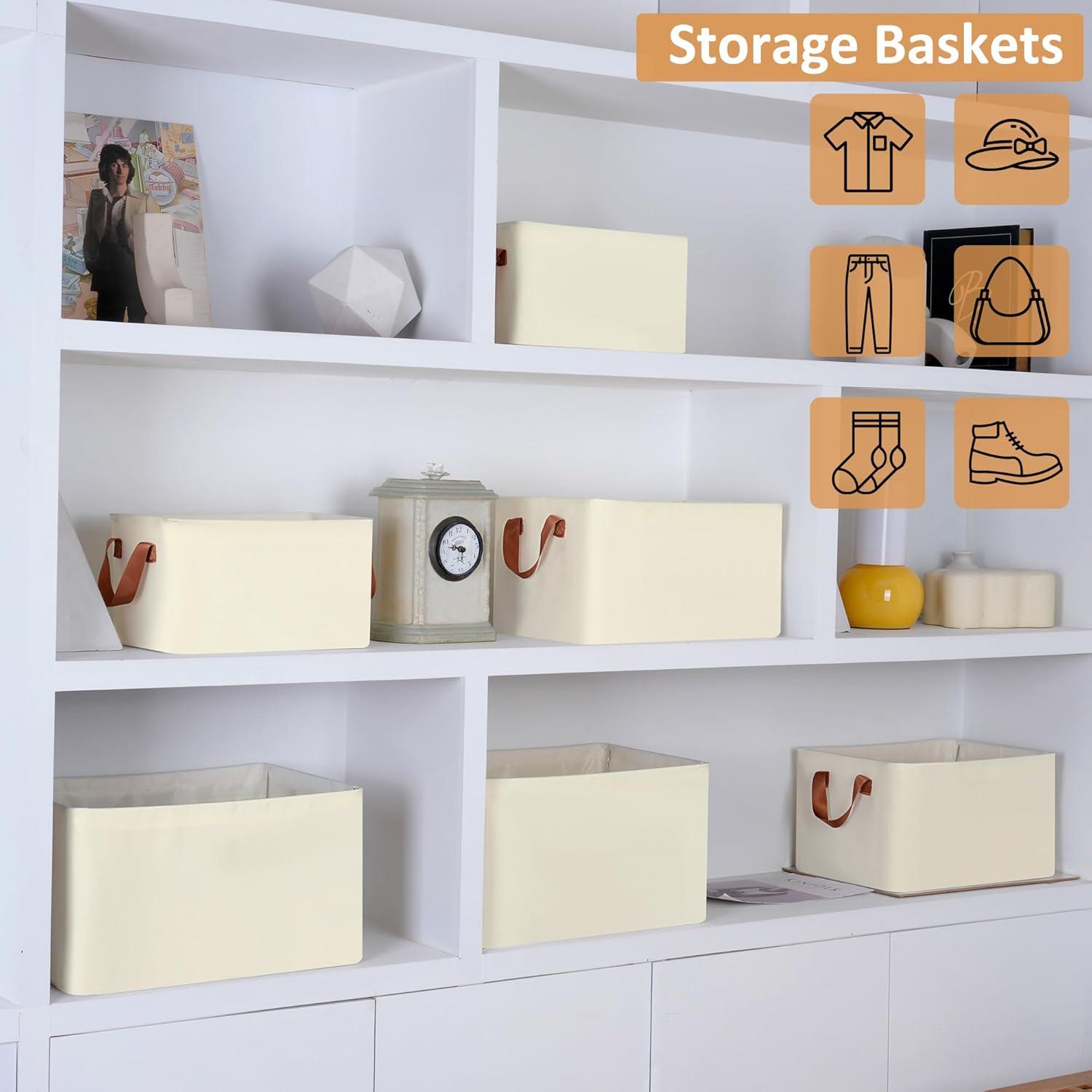 imageefluky Storage Baskets for Organizing Fabric Storage Bins with Metal Frame Collapsible Storage Baskets for Shelves and Closet Large Beige Set of 2