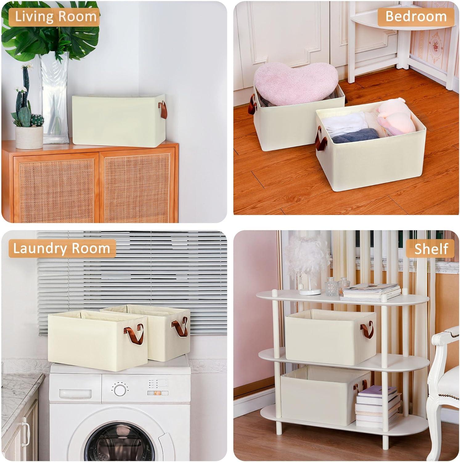 imageefluky Storage Baskets for Organizing Fabric Storage Bins with Metal Frame Collapsible Storage Baskets for Shelves and Closet Large Beige Set of 2