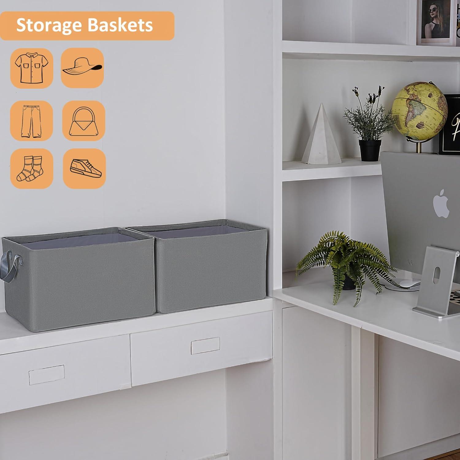 imageefluky Storage Bins Fabric Storage Bins with Metal Frame Collapsible Storage Baskets for Organizing 2 Pack Large Storage Baskets for Shelves and Closet Grey
