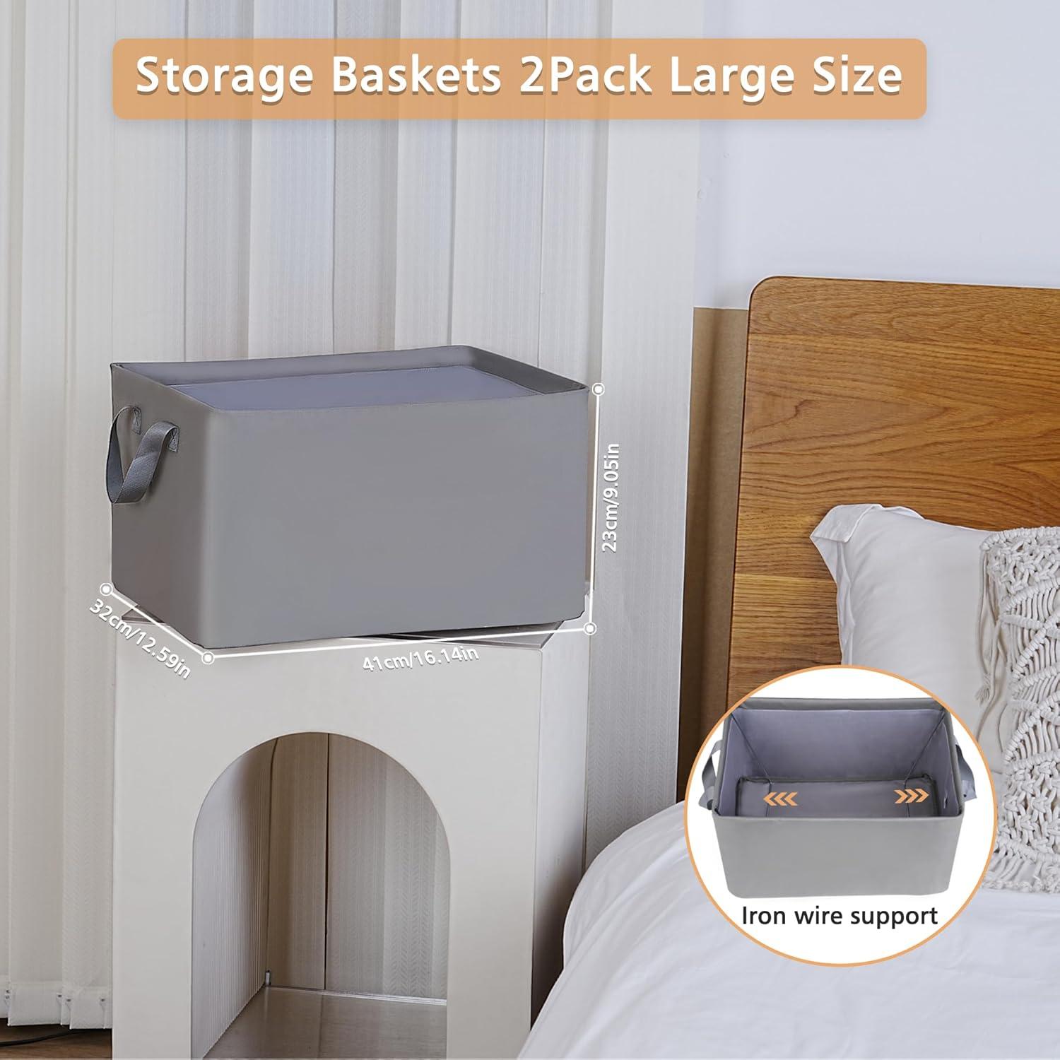 imageefluky Storage Bins Fabric Storage Bins with Metal Frame Collapsible Storage Baskets for Organizing 2 Pack Large Storage Baskets for Shelves and Closet Grey