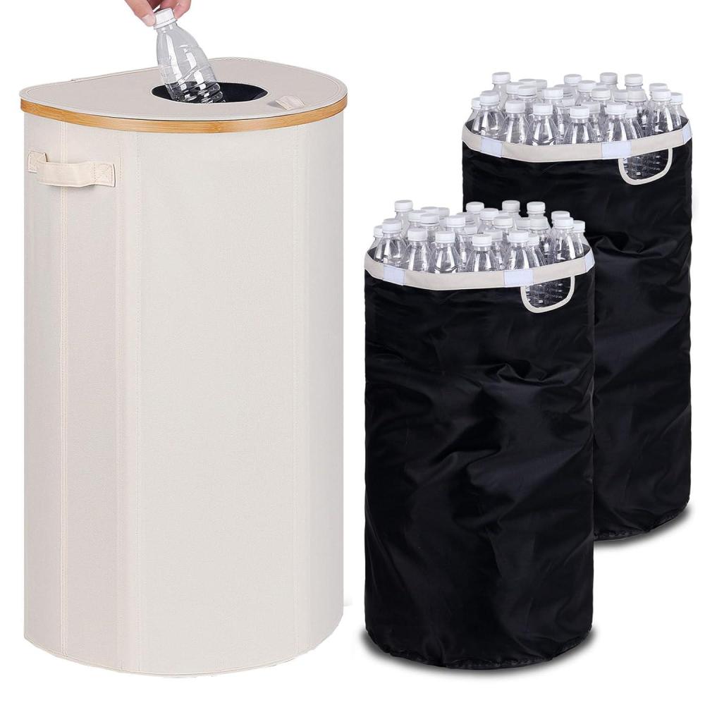 imageEfluky Recycling Bin 100L 26 Gallon Beige DShaped Oxford Fabric 1732L x 129W x 1146H 2 Removable Inner Bags Lightweight OpenTop Cycling KitchenBeige