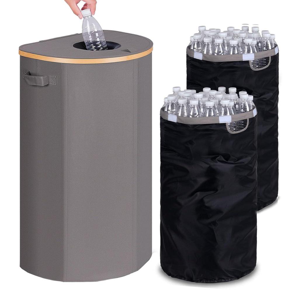 imageEfluky Recycling Bin 100L 26 Gallon Beige DShaped Oxford Fabric 1732L x 129W x 1146H 2 Removable Inner Bags Lightweight OpenTop Cycling KitchenGrey