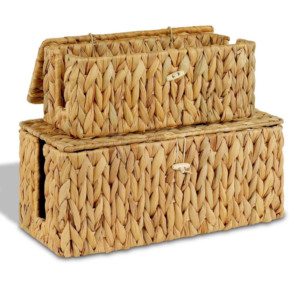 imageefluky 2 Pack HandWoven Cable Management Box with Lid Water Hyacinth Open Slots Cord Box to Hide USB Wire Power Strip amp Charger for Home amp Office and Dorm NaturalNatural