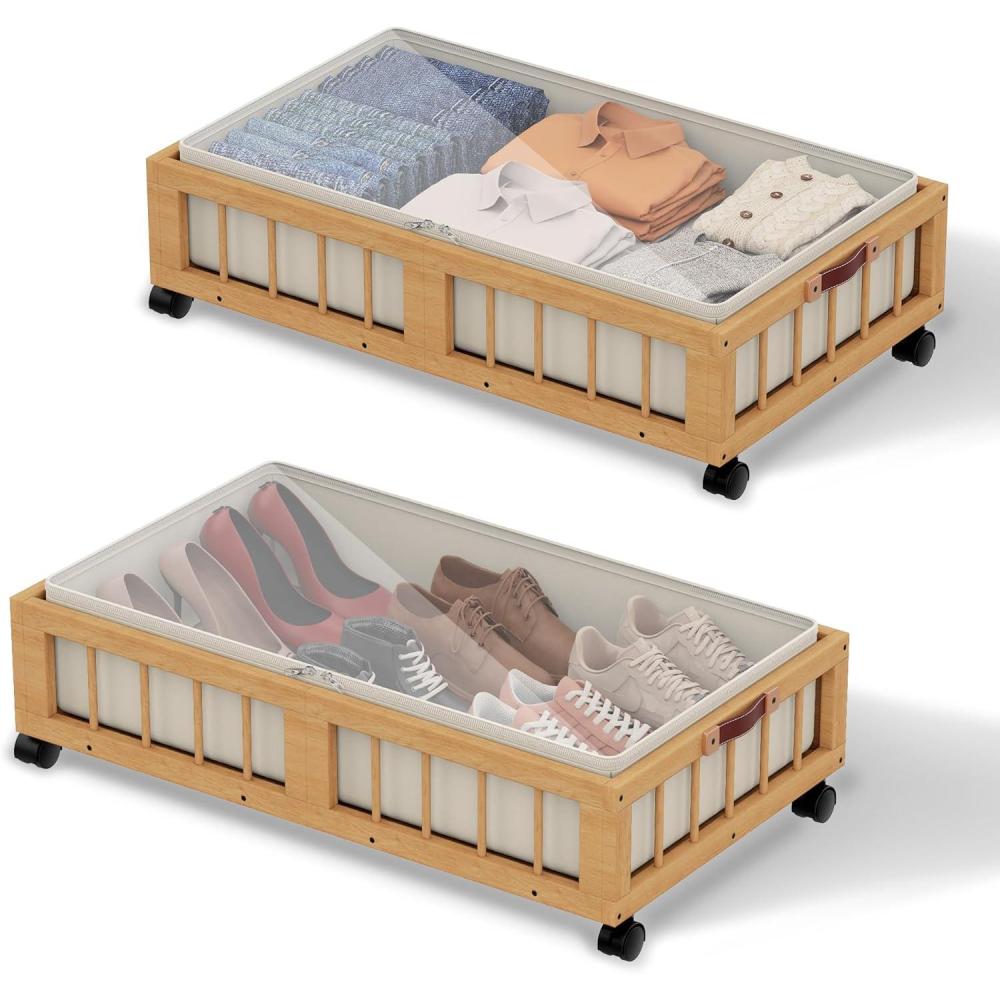 imageefluky 2Pack Bamboo Under Bed Storage Containers with Wheels Under Bed Clothes Storage Basket with Large Dust Bag Rolling UnderBed Storage for Bedroom Dorm and Basement NatureNature
