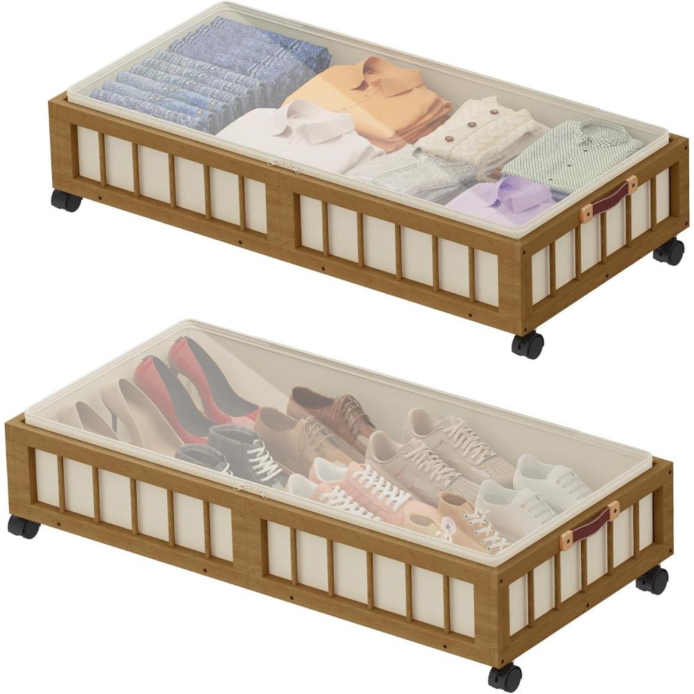 imageefluky 2Pack Bamboo Under Bed Storage Containers with Wheels Under Bed Clothes Storage Basket with Large Dust Bag Rolling UnderBed Storage for Bedroom Dorm and Basement NatureBrown