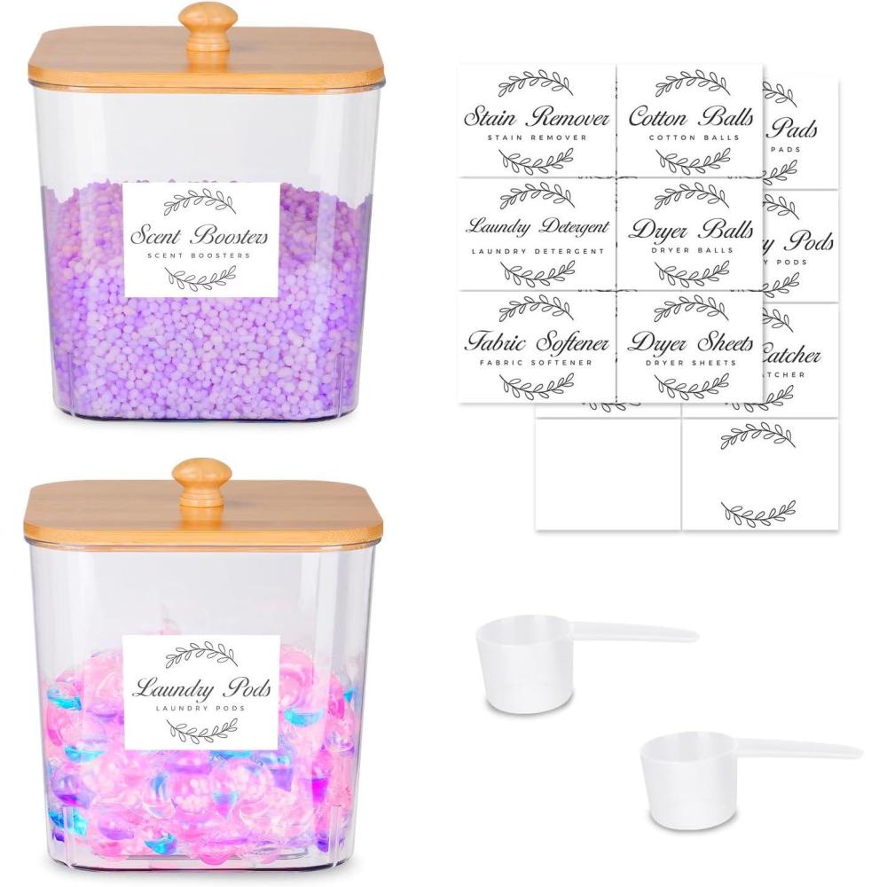 imageefluky 3 Pack Laundry Pods Container amp Dryer Sheet Holder SetClear Laundry Room Organization Containers with Bamboo Lids and LabelsLaundry Pods Holder for Scent BoosterPowderPod2 pack