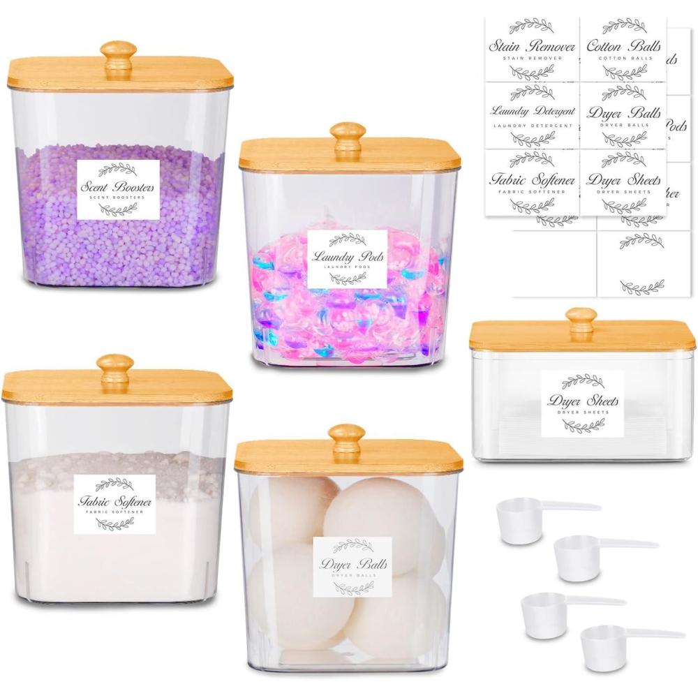 imageefluky 3 Pack Laundry Pods Container amp Dryer Sheet Holder SetClear Laundry Room Organization Containers with Bamboo Lids and LabelsLaundry Pods Holder for Scent BoosterPowderPod5 pack