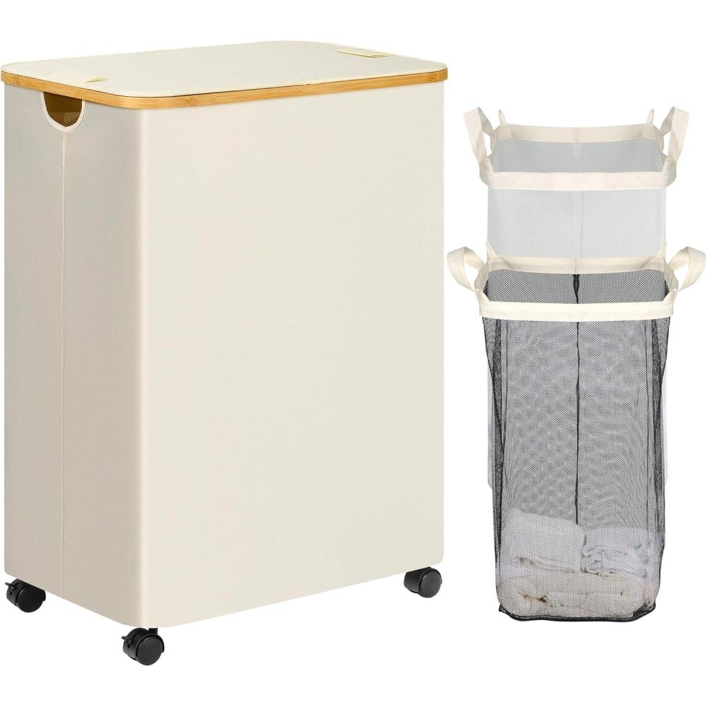 imageefluky Double Laundry Hamper with Wheels Divided Laundry Hamper with Removable Bags 2 Section Dirty Clothes Basket with Handles for Bathroom Bedroom amp Laundry Room 160L Beige