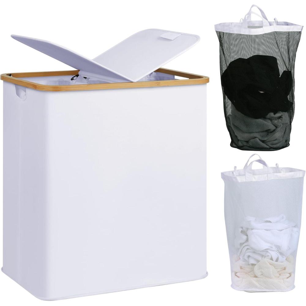 imageefluky Laundry Hamper with Lid Double Laundry Hamper with 2 Removable Bags 2 Section Laundry Basket with Bamboo Handles for Bathroom Bedroom amp Laundry Room 140L 369 Gallon BeigeWhite