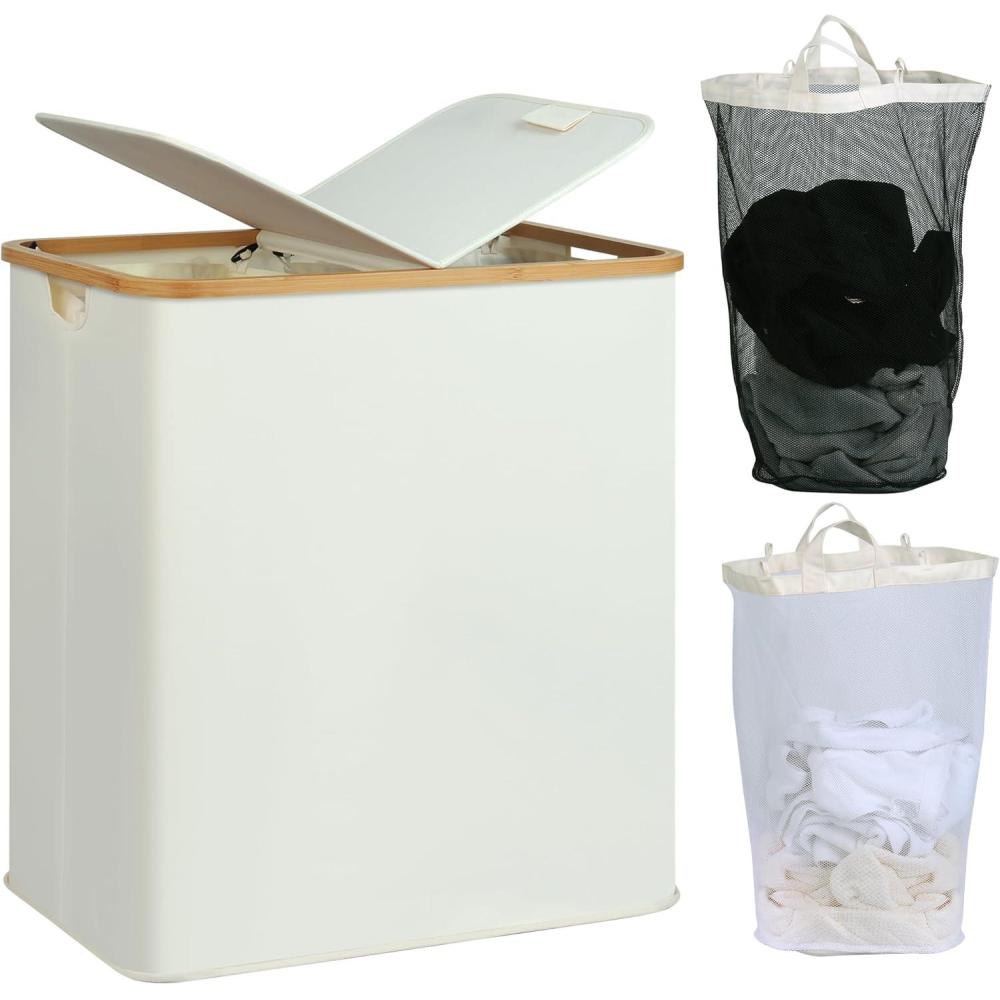 imageefluky Laundry Hamper with Lid Double Laundry Hamper with 2 Removable Bags 2 Section Laundry Basket with Bamboo Handles for Bathroom Bedroom amp Laundry Room 140L 369 Gallon BeigeBeige