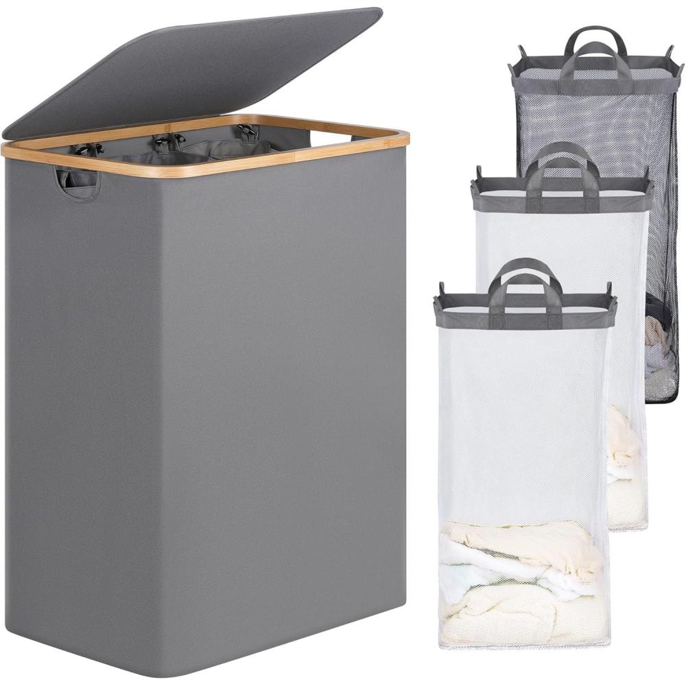 imageefluky Laundry Hamper with Lid Double Laundry Hamper with 2 Removable Bags 2 Section Laundry Basket with Bamboo Handles for Bathroom Bedroom amp Laundry Room 140L 369 Gallon BeigeSilver Grey