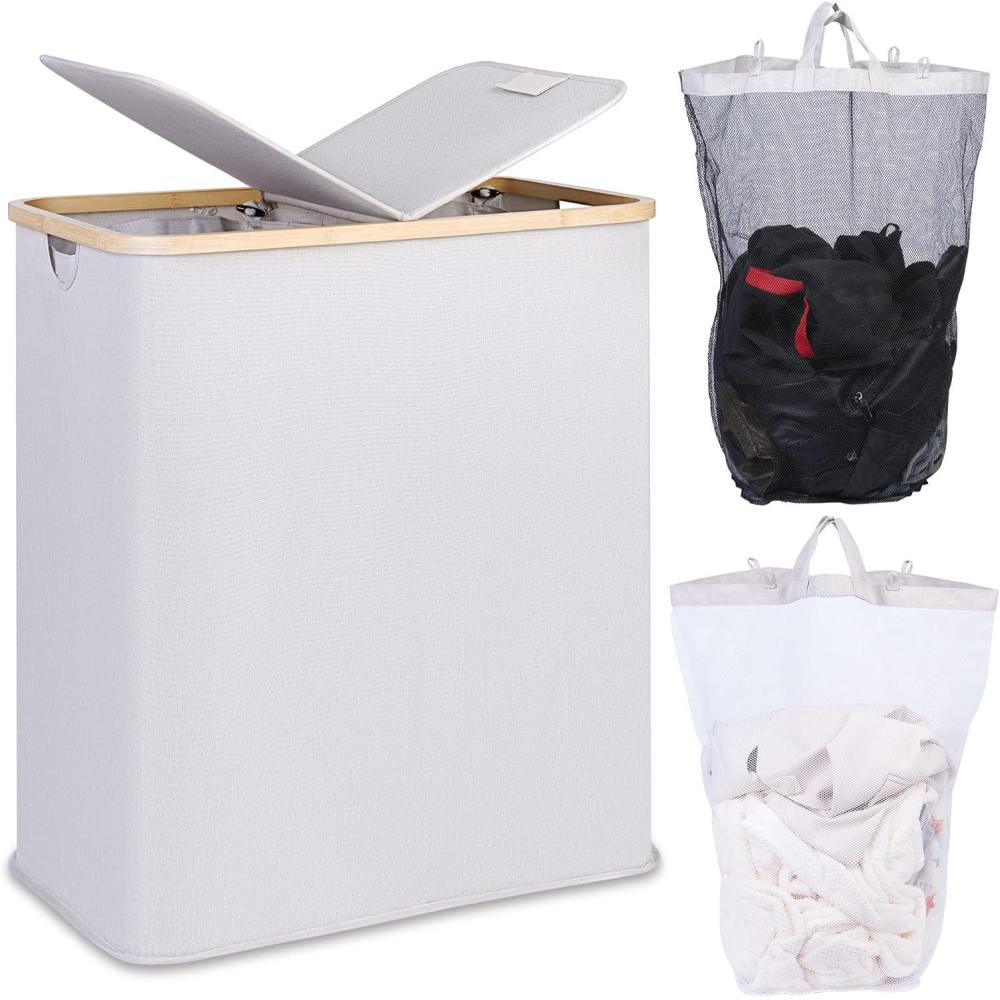 imageefluky Laundry Hamper with Lid Double Laundry Hamper with 2 Removable Bags 2 Section Laundry Basket with Bamboo Handles for Bathroom Bedroom amp Laundry Room 140L 369 Gallon BeigeLight Grey