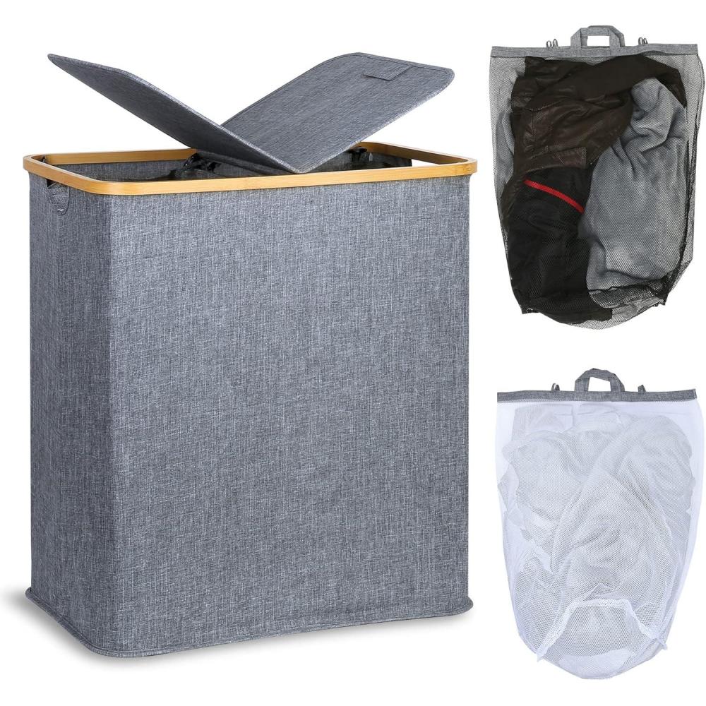 imageefluky Laundry Hamper with Lid Double Laundry Hamper with 2 Removable Bags 2 Section Laundry Basket with Bamboo Handles for Bathroom Bedroom amp Laundry Room 140L 369 Gallon BeigeBlue Grey