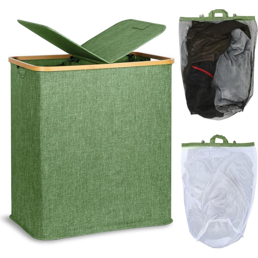 imageefluky Laundry Hamper with Lid Double Laundry Hamper with 2 Removable Bags 2 Section Laundry Basket with Bamboo Handles for Bathroom Bedroom amp Laundry Room 140L 369 Gallon BeigeGreen