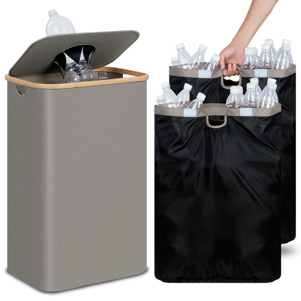 imageefluky Recycling Bin 100L 26 Gallon Recycle Bins for Kitchen Indoor Outdoor Home with 2 Removeable and Reusable Inner Bag Tall Recycle bin for Bottle Can Plastice Stickers BeigeGrey
