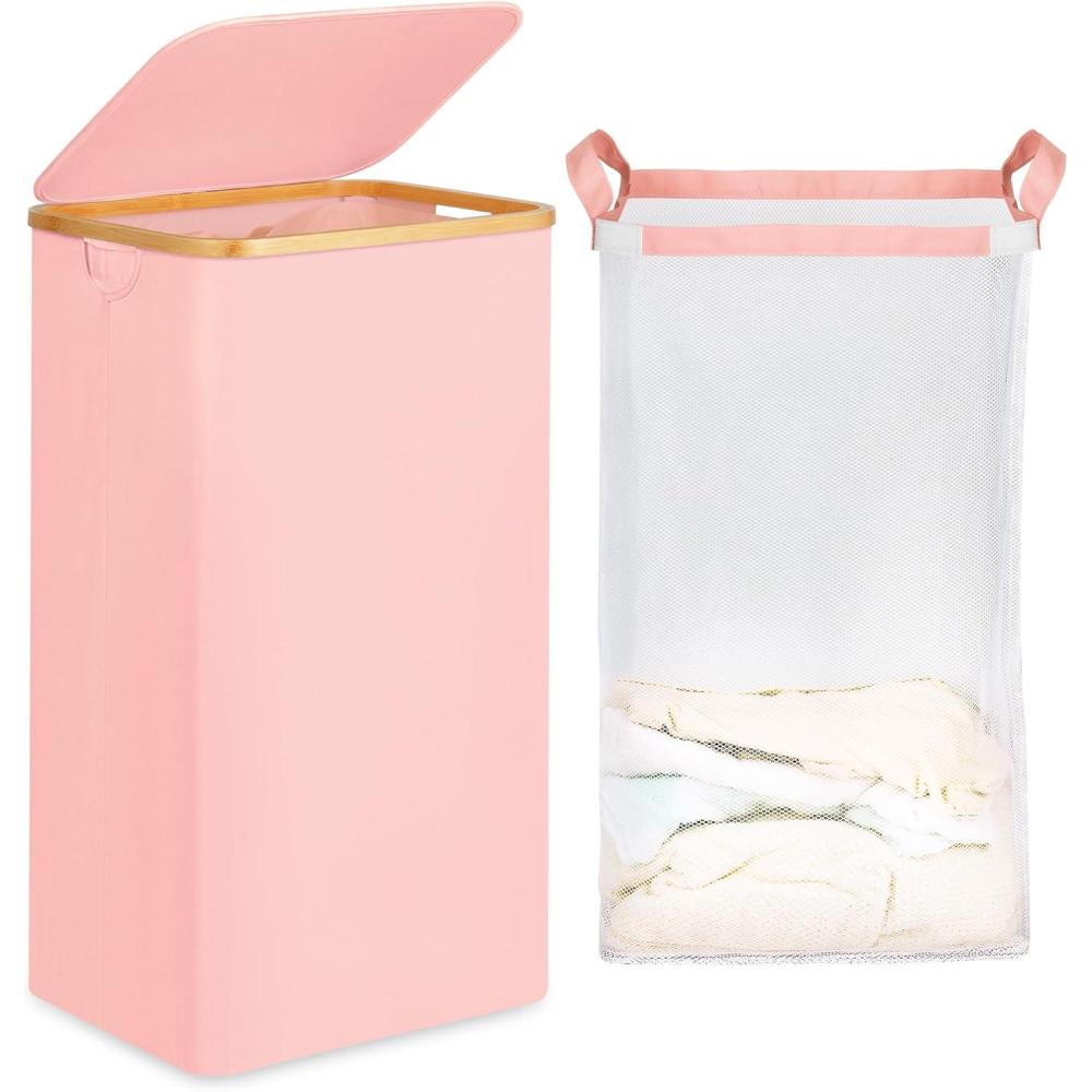 imageefluky Slim Laundry Basket with Lid Narrow Laundry Hamper with Removable Bag Skinny Dirty Clothes Basket with Bamboo Handles for Bathroom Bedroom amp Laundry Room 75L PinkPastel