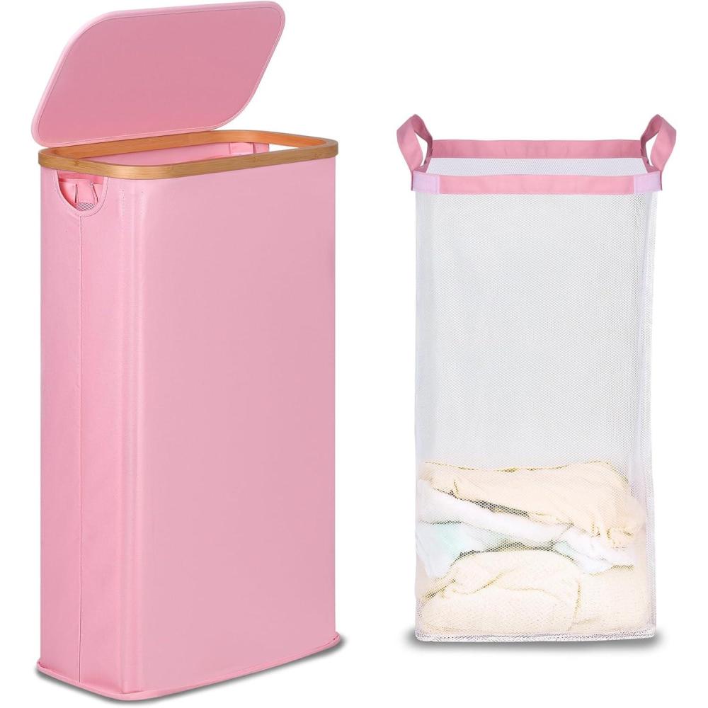 imageefluky Slim Laundry Basket with Lid Narrow Laundry Hamper with Removable Bag Skinny Dirty Clothes Basket with Bamboo Handles for Bathroom Bedroom amp Laundry Room 75L PinkPink