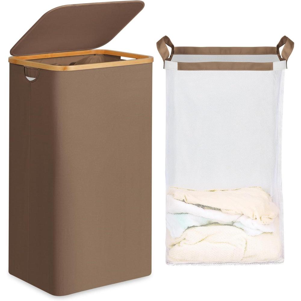 imageefluky Slim Laundry Basket with Lid Narrow Laundry Hamper with Removable Bag Skinny Dirty Clothes Basket with Bamboo Handles for Bathroom Bedroom amp Laundry Room 75L PinkBrown