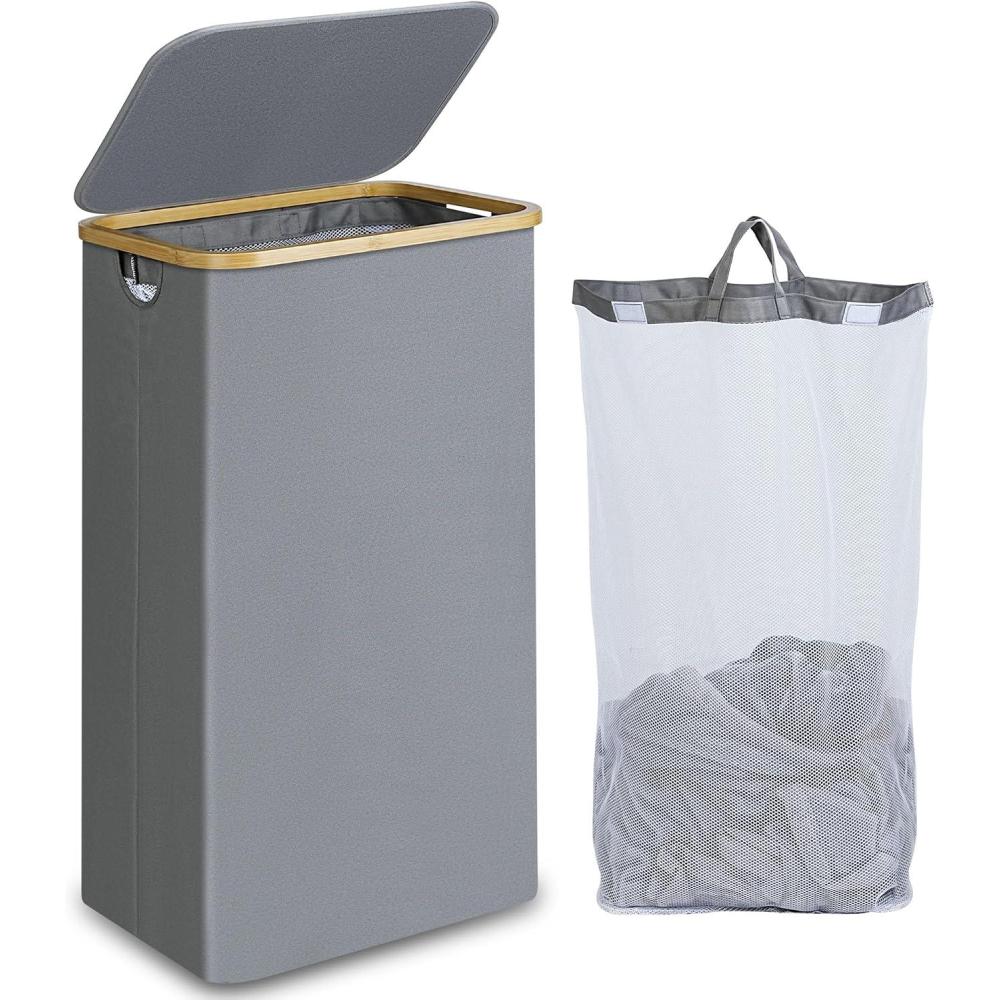 imageefluky Slim Laundry Basket with Lid Narrow Laundry Hamper with Removable Bag Skinny Dirty Clothes Basket with Bamboo Handles for Bathroom Bedroom amp Laundry Room 75L PinkSilver Grey