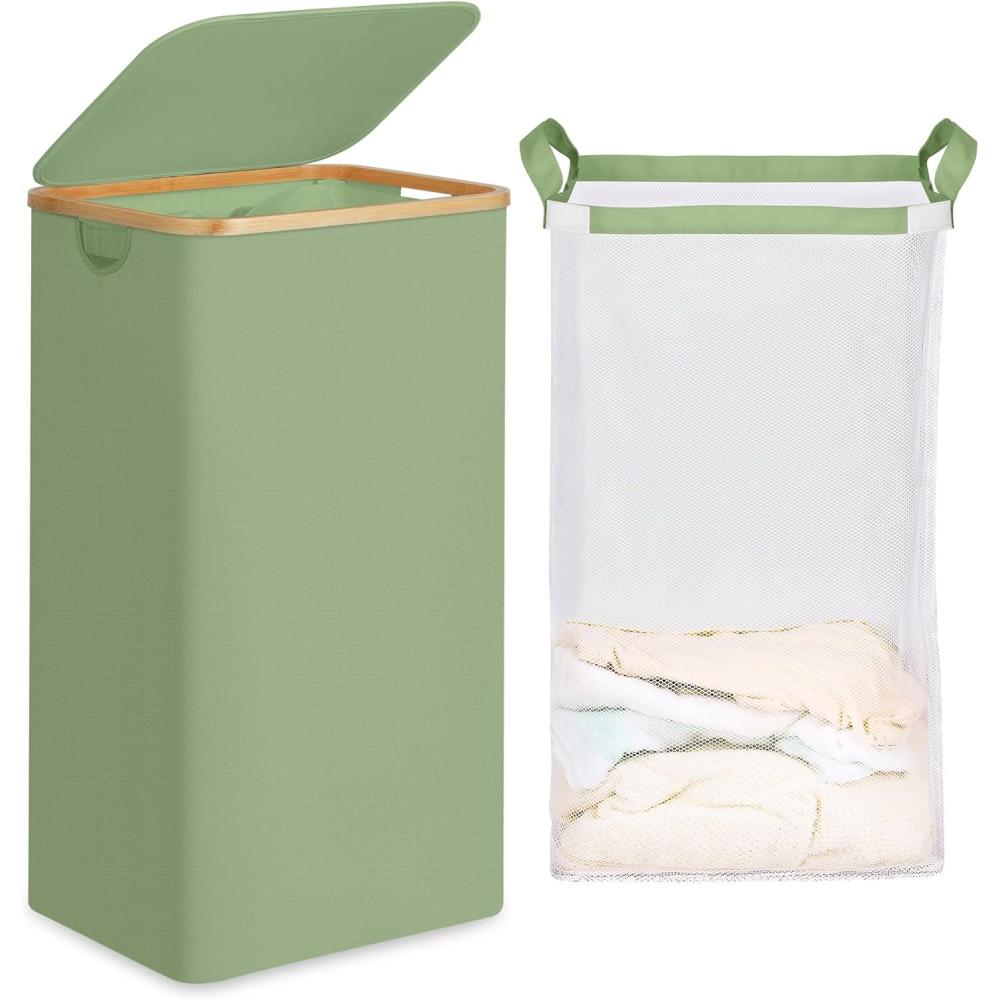 imageefluky Slim Laundry Basket with Lid Narrow Laundry Hamper with Removable Bag Skinny Dirty Clothes Basket with Bamboo Handles for Bathroom Bedroom amp Laundry Room 75L PinkGreen