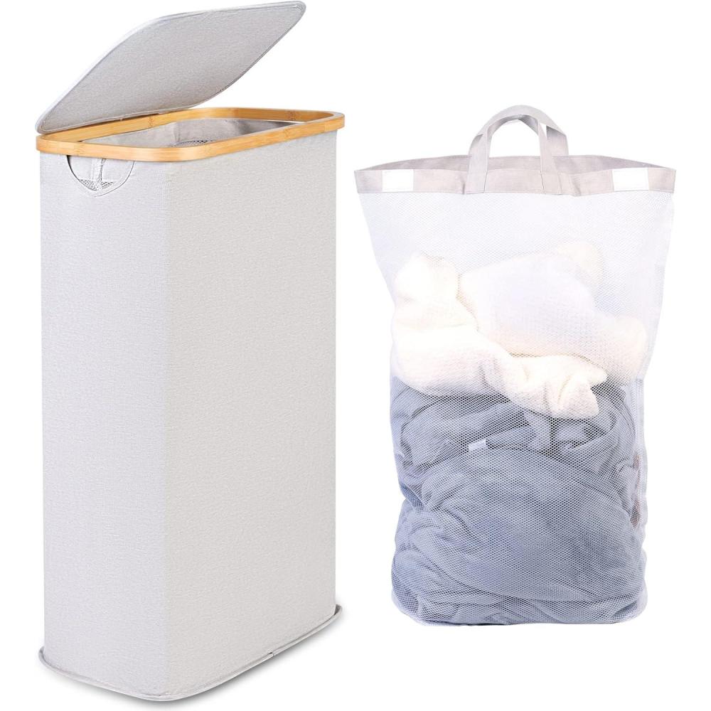 imageefluky Slim Laundry Basket with Lid Narrow Laundry Hamper with Removable Bag Skinny Dirty Clothes Basket with Bamboo Handles for Bathroom Bedroom amp Laundry Room 75L PinkLight Grey