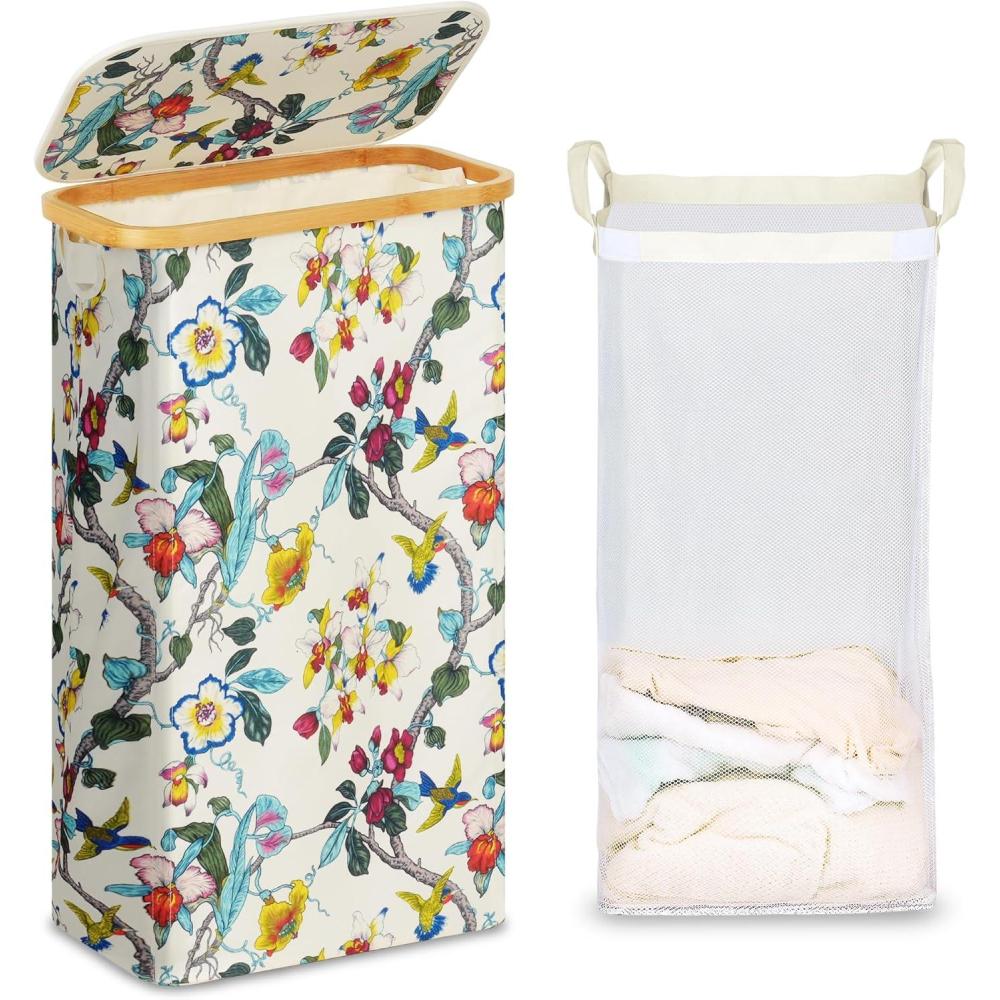 imageefluky Slim Laundry Basket with Lid Narrow Laundry Hamper with Removable Bag Skinny Dirty Clothes Basket with Bamboo Handles for Bathroom Bedroom amp Laundry Room 75L PinkFloral