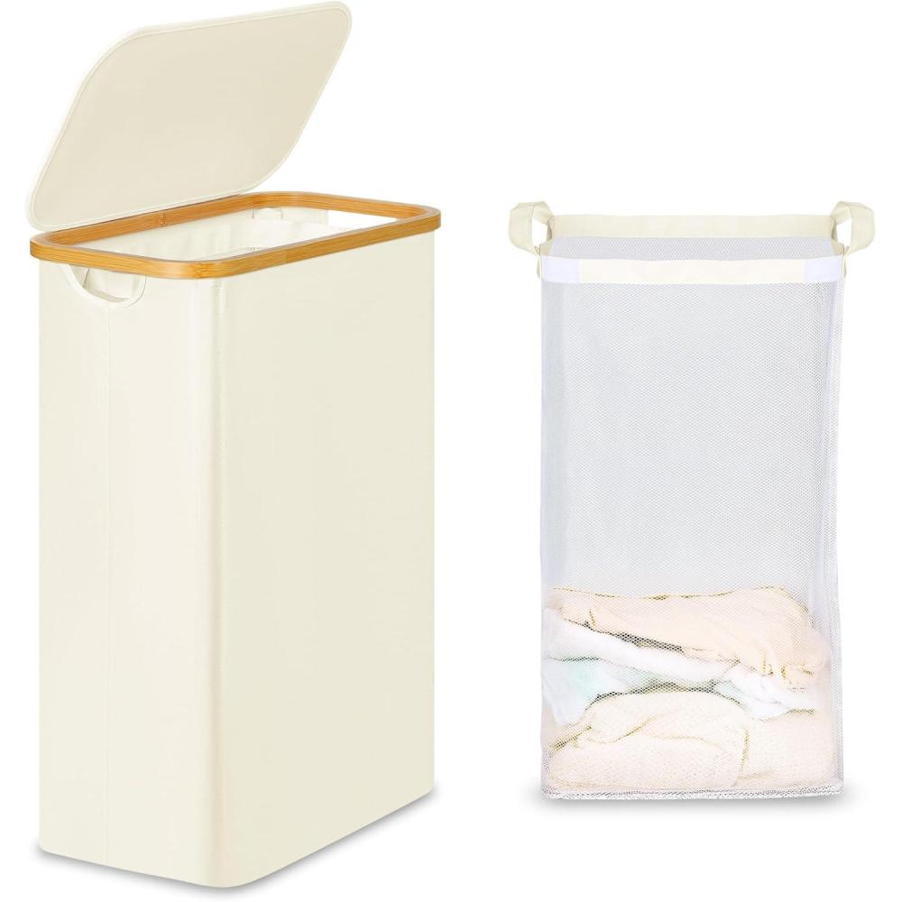 imageefluky Slim Laundry Basket with Lid Narrow Laundry Hamper with Removable Bag Skinny Dirty Clothes Basket with Bamboo Handles for Bathroom Bedroom amp Laundry Room 75L PinkBeige