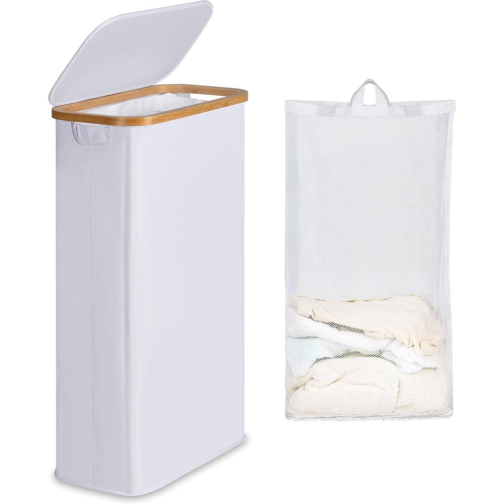 imageefluky Slim Laundry Basket with Lid Narrow Laundry Hamper with Removable Bag Skinny Dirty Clothes Basket with Bamboo Handles for Bathroom Bedroom amp Laundry Room 75L PinkWhite