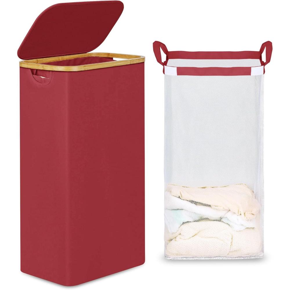 imageefluky Slim Laundry Basket with Lid Narrow Laundry Hamper with Removable Bag Skinny Dirty Clothes Basket with Bamboo Handles for Bathroom Bedroom amp Laundry Room 75L PinkBurgundy