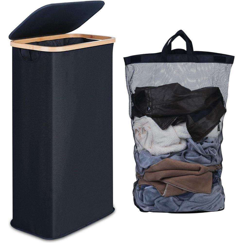 imageefluky Slim Laundry Basket with Lid Narrow Laundry Hamper with Removable Bag Skinny Dirty Clothes Basket with Bamboo Handles for Bathroom Bedroom amp Laundry Room 75L PinkBlack