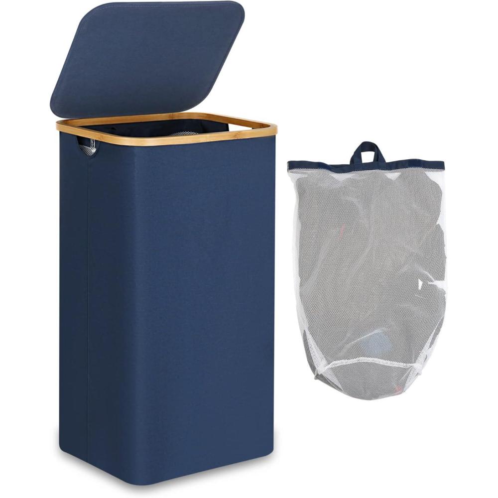 imageefluky Slim Laundry Basket with Lid Narrow Laundry Hamper with Removable Bag Skinny Dirty Clothes Basket with Bamboo Handles for Bathroom Bedroom amp Laundry Room 75L PinkBlue